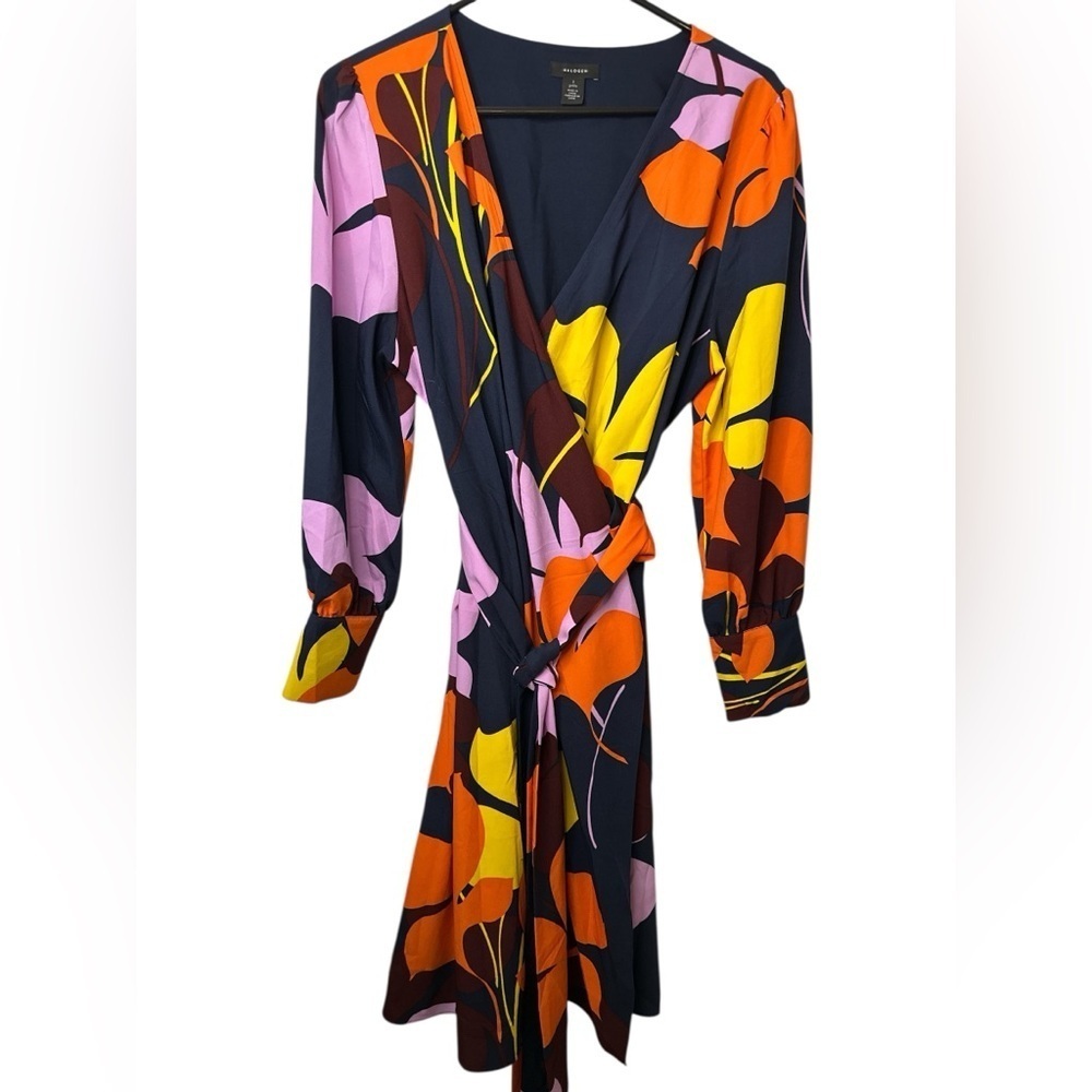 Halogen Women's Long Sleeve Wrap Dress Navy Blue Orange Pink Floral NWOT